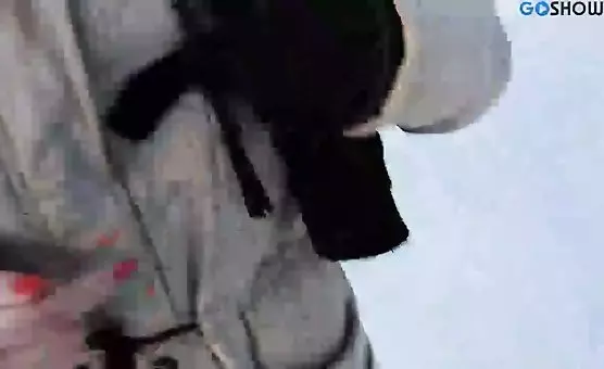 Crazy winter girlfriend deepthroats his massive cock outside in the snow