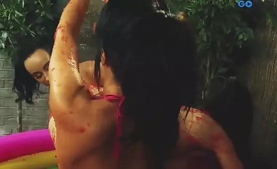 Inflatable Pool Orgies Lesbian Sluts Splashing Red Sauce